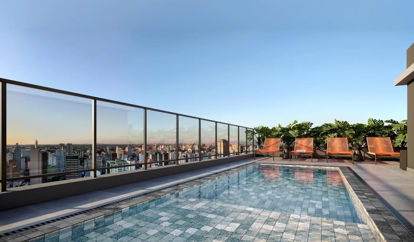 Perspectiva ilustrada da piscina na cobertura, com vista para o bairro — Nex One Bela Cintra