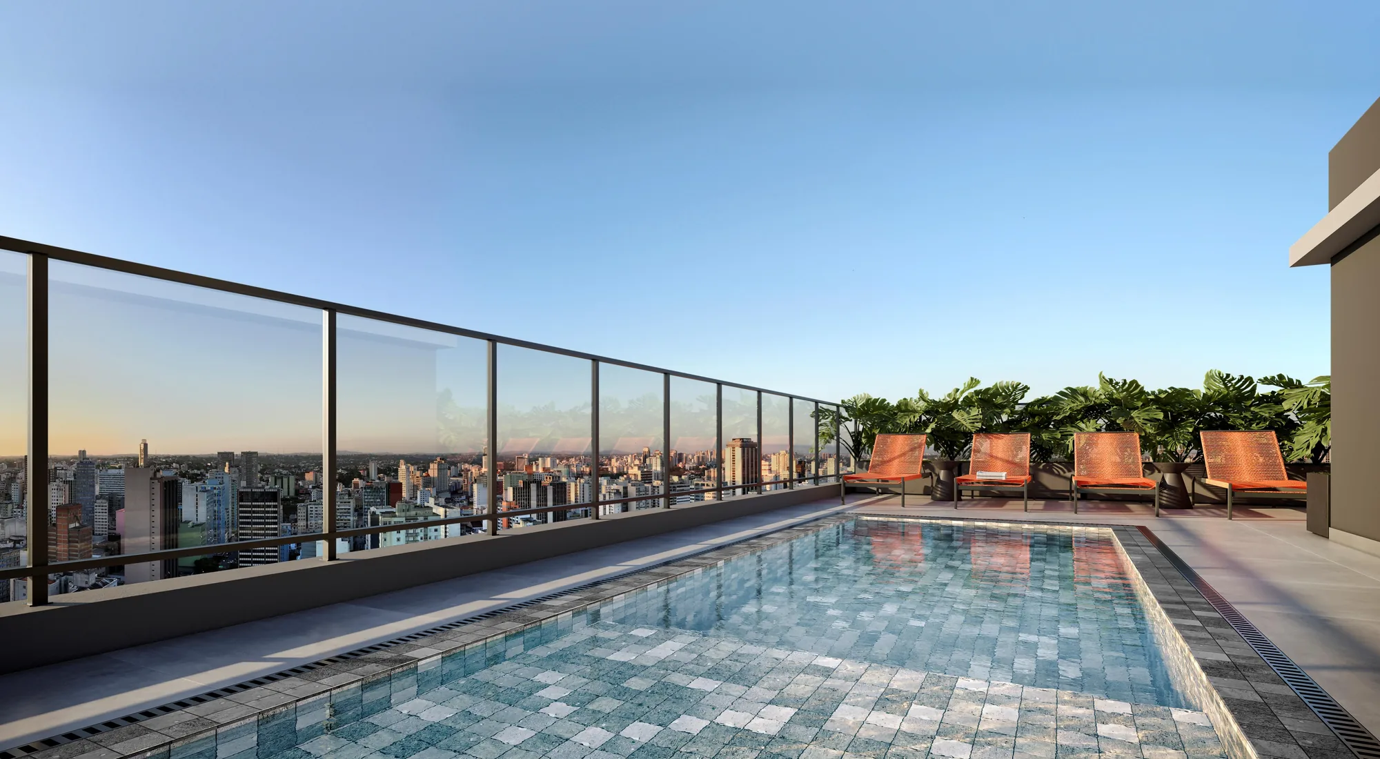 Perspectiva ilustrada da piscina na cobertura do Nex One Bela Cintra, com vista para São Paulo