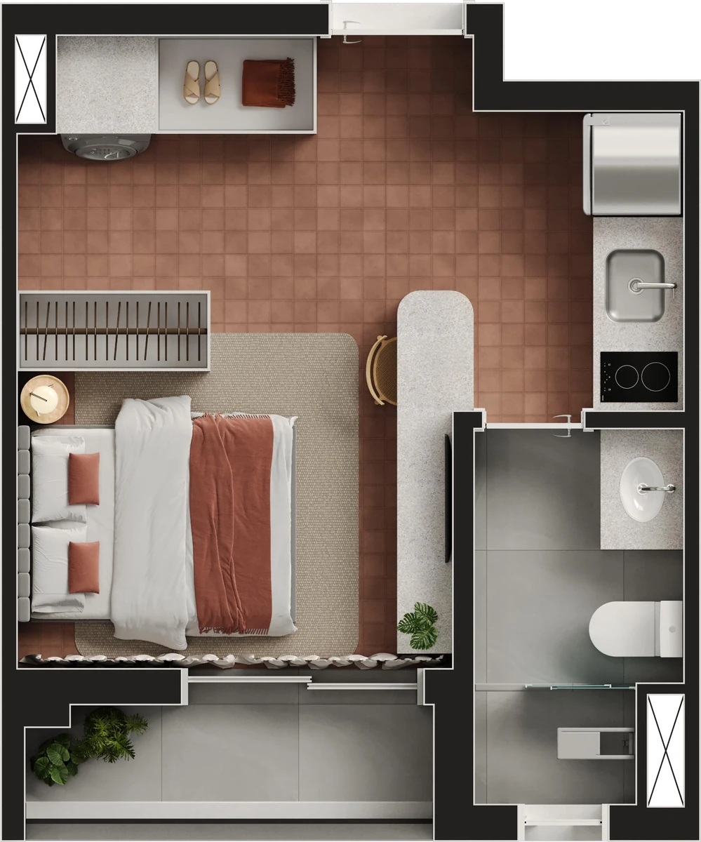 Planta Finais 11, 17 e 19 — 24 m², Studio · terraço